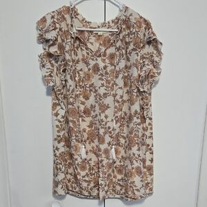 Indigo Rose Floral Ruffle Sleeve Blouse - Cream and‎ Brown